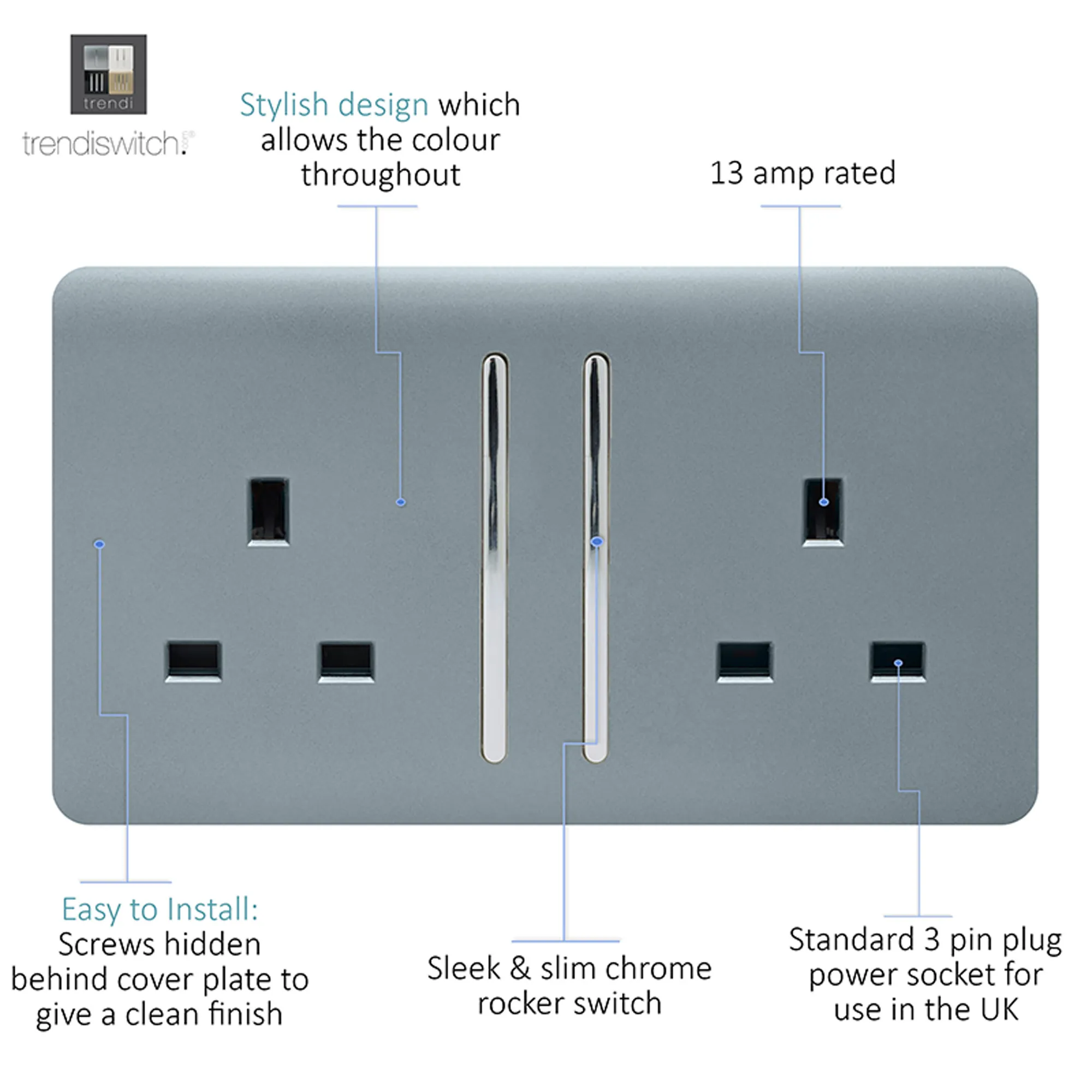 2 Gang 13Amp Long Switched Double Socket Cool Grey ART-SKT213LCG  Trendi Cool Grey